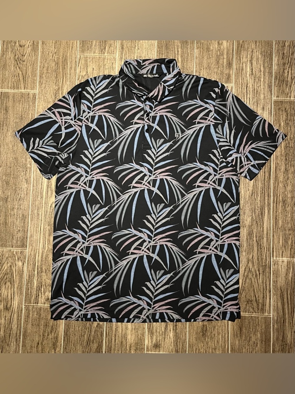 Travis Mathew Mens XL Black Tropical Palm Leaf Pima Cotton Blend Golf Polo Shirt - Picture 1 of 7